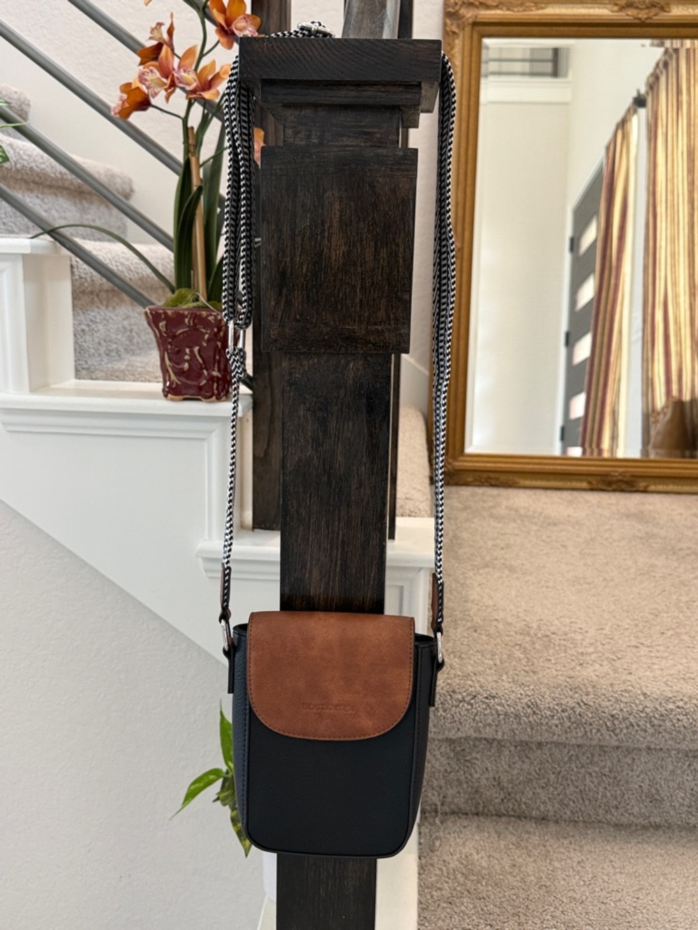 Two-Tone Men's Messenger Crossbody Bag — Black with Brown Flap